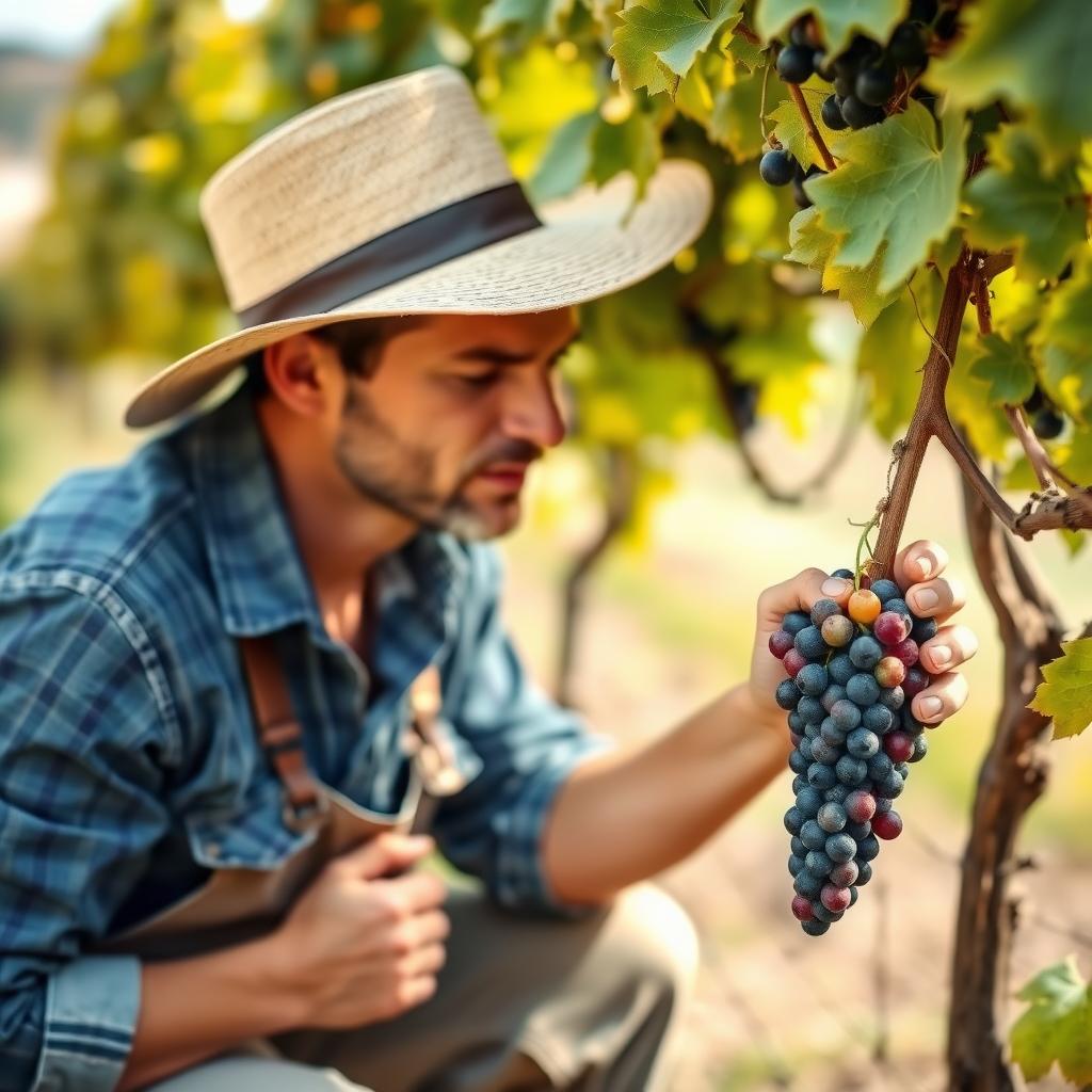 Winemaker checking grapes in vineyard