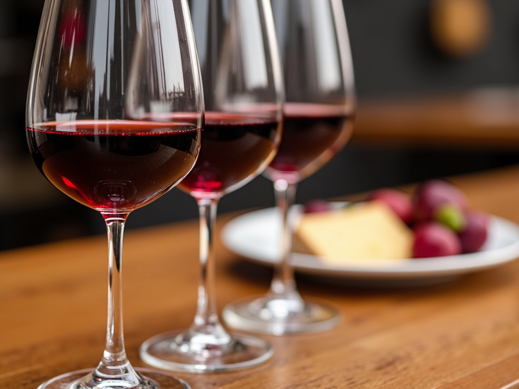 Flight of Pinot Noir with cheese and fruit on wooden table.