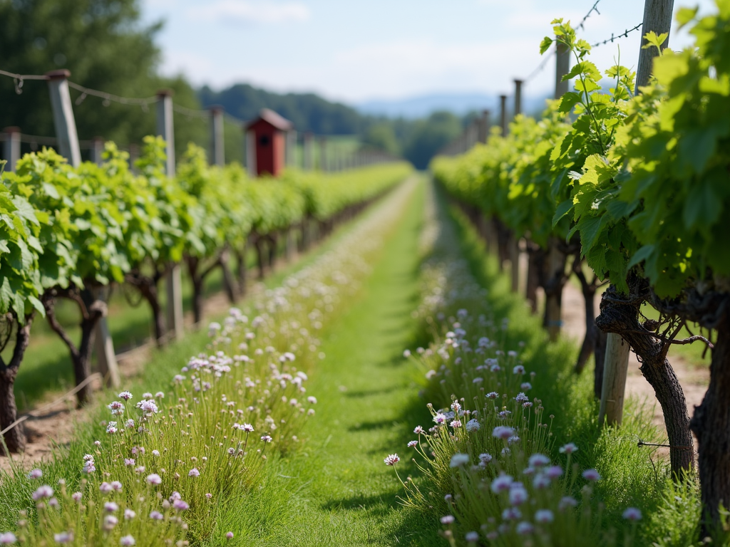 Biodiversity in a vineyard with cover crops and wildlife habitats.