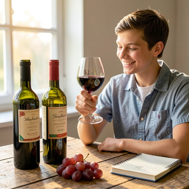 Beginner examining a glass of red wine during a casual tasting session