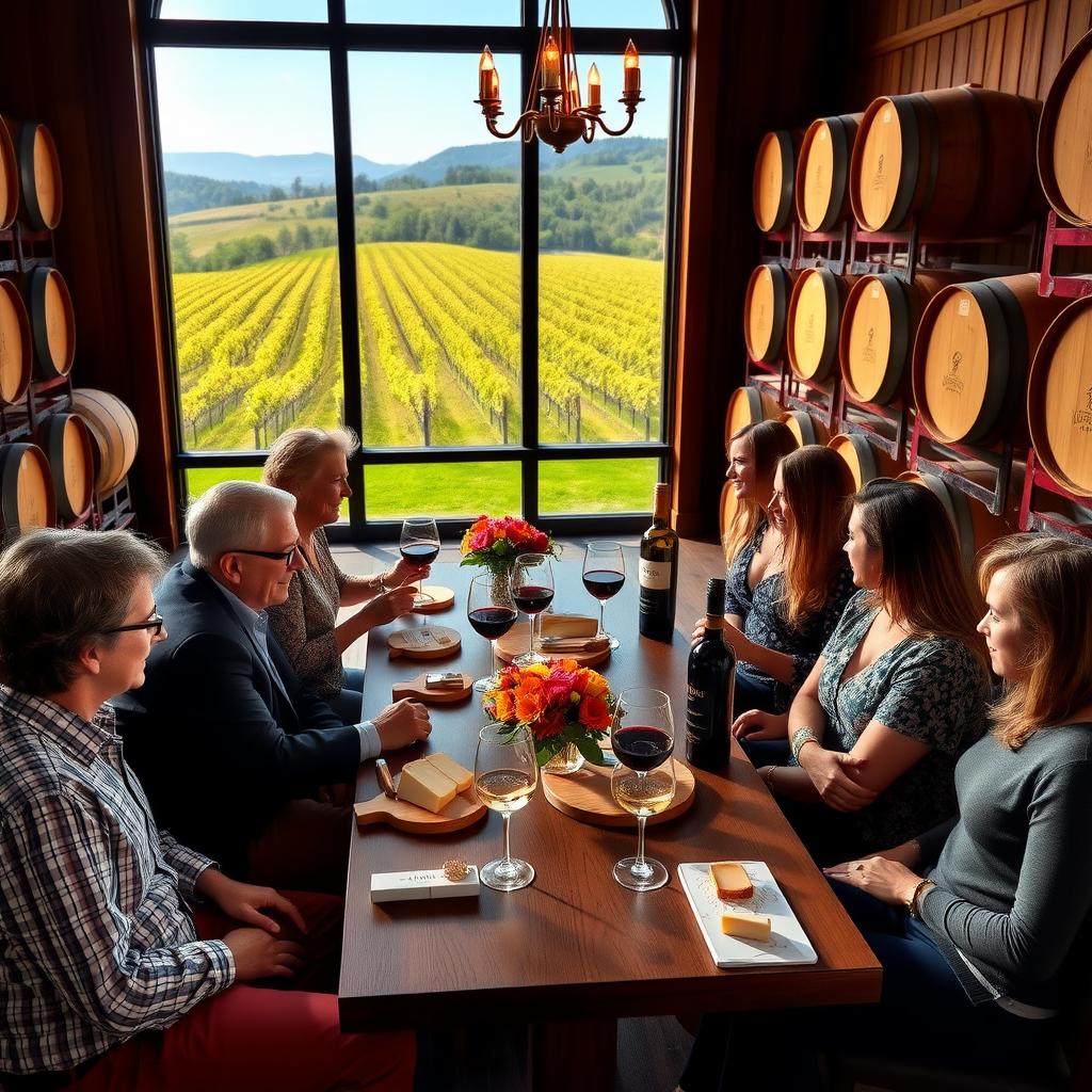 A cozy Kendall-Jackson tasting room with a group enjoying a wine flight and cheese boards.
