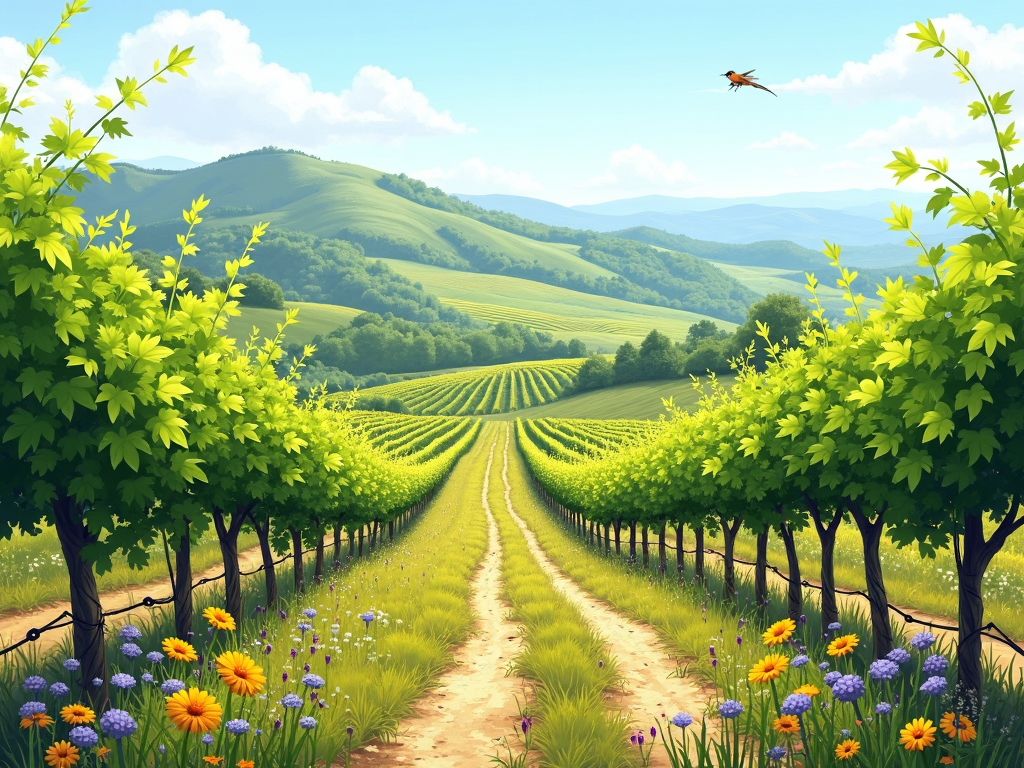 A lively vineyard showcasing biodiversity with wildflowers and wildlife.