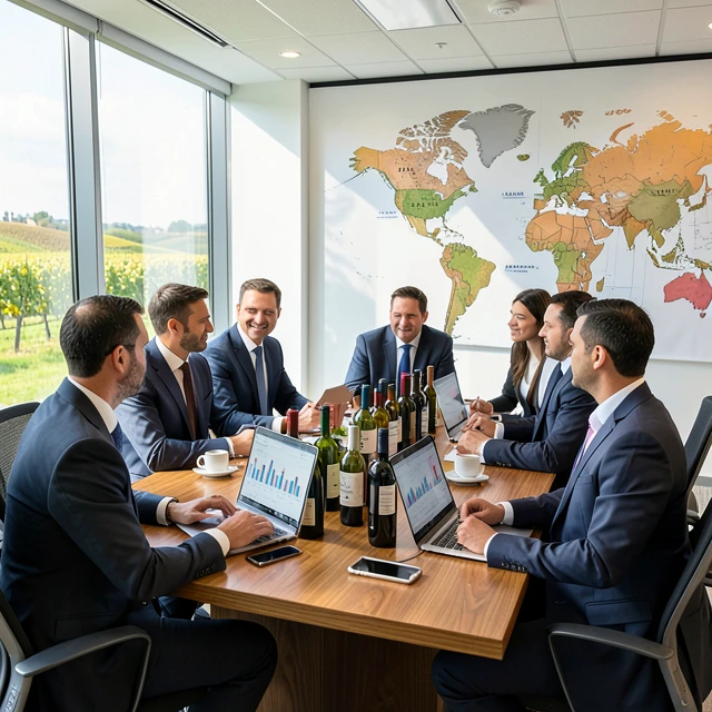 Global wine business professionals in strategy meeting