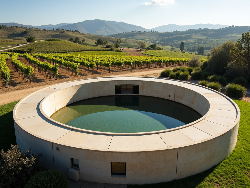 Modern architecture of Opus One Winery with vineyard backdrop.