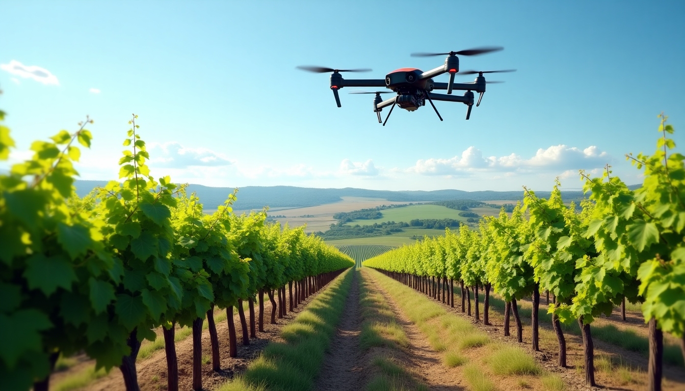 Futuristic vineyard with drones