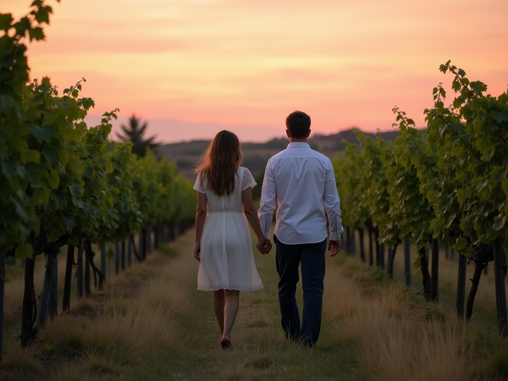 Couple strolling through Sonoma County vineyard