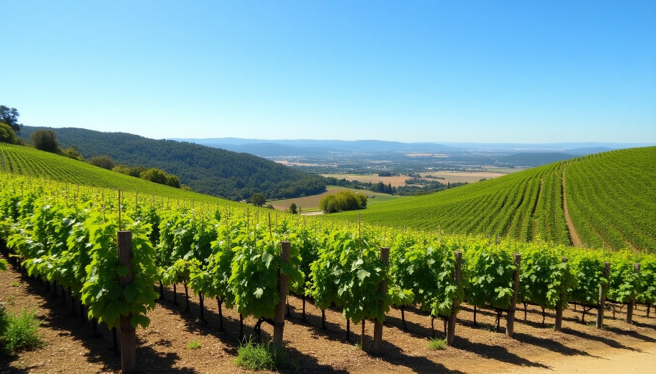 A scenic view of Beringer Vineyards, highlighting lush grapevines under a clear blue sky.