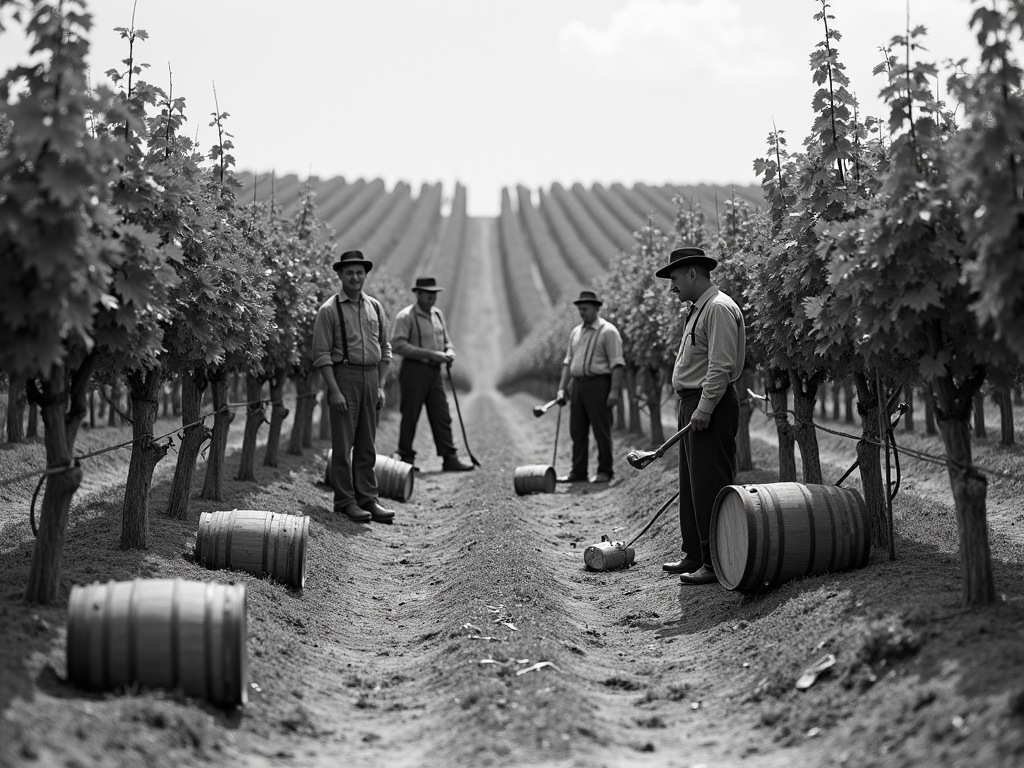 Early American winemakers working in a vineyard