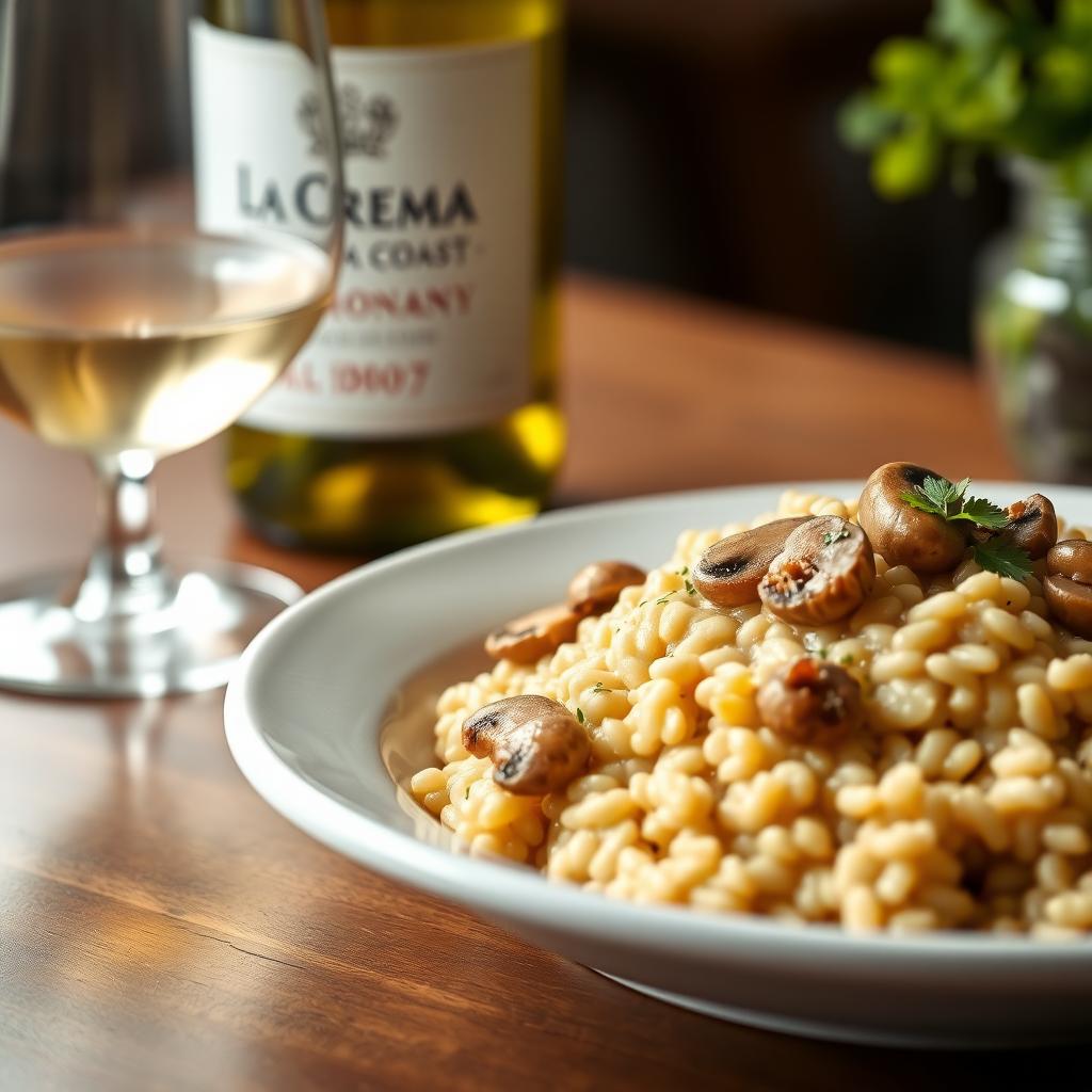Creamy mushroom risotto paired with a glass of La Crema Sonoma Coast Chardonnay.