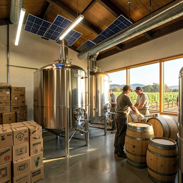 Inside Beringer winery showcasing energy-efficient and sustainable winemaking equipment