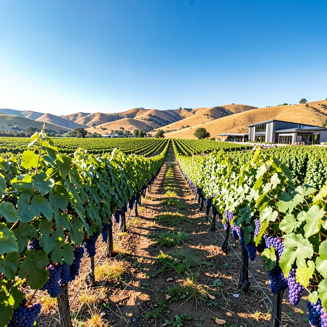 Vibrant New World vineyard in California showcasing rows of grapevines and a modern winery