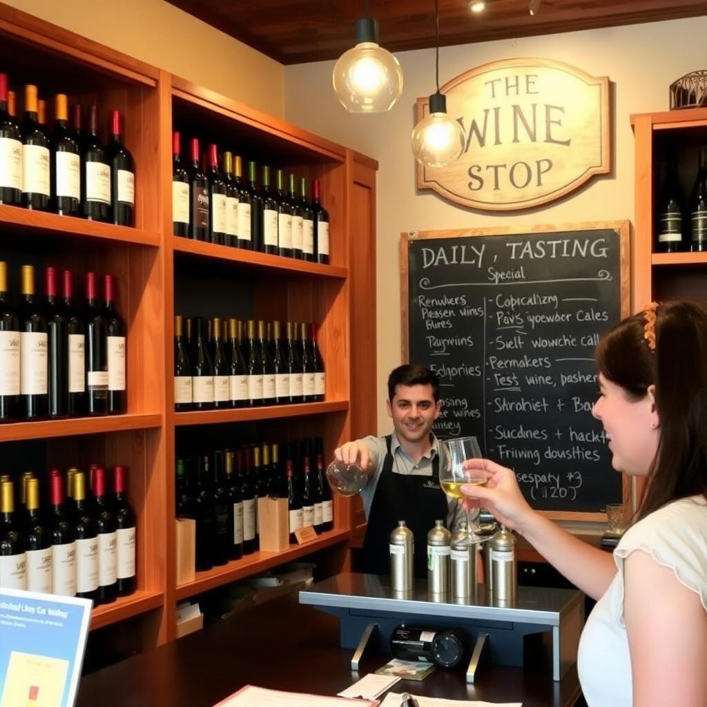 Cozy wine shop with wooden shelves of wine bottles and a staff member pouring a glass of white wine