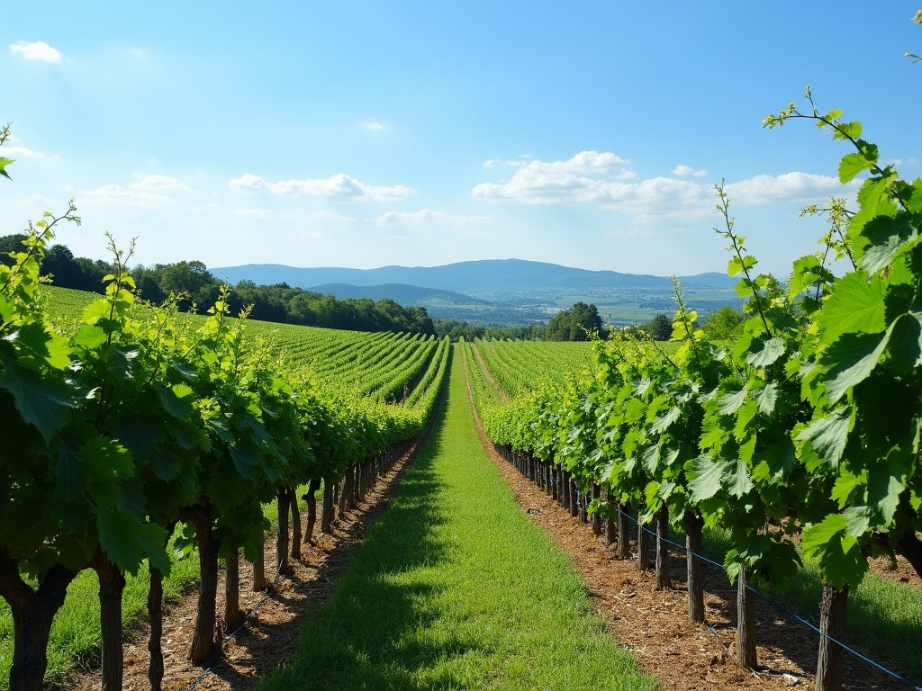 Sustainably-grown vineyard with lush green grapevines under a blue sky.
