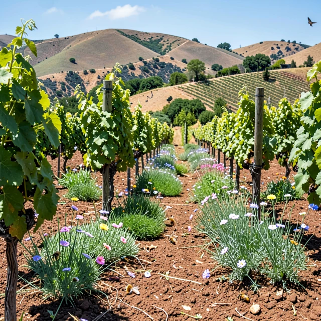 Biodiverse organic vineyard ecosystem with flowering cover crops and wildlife