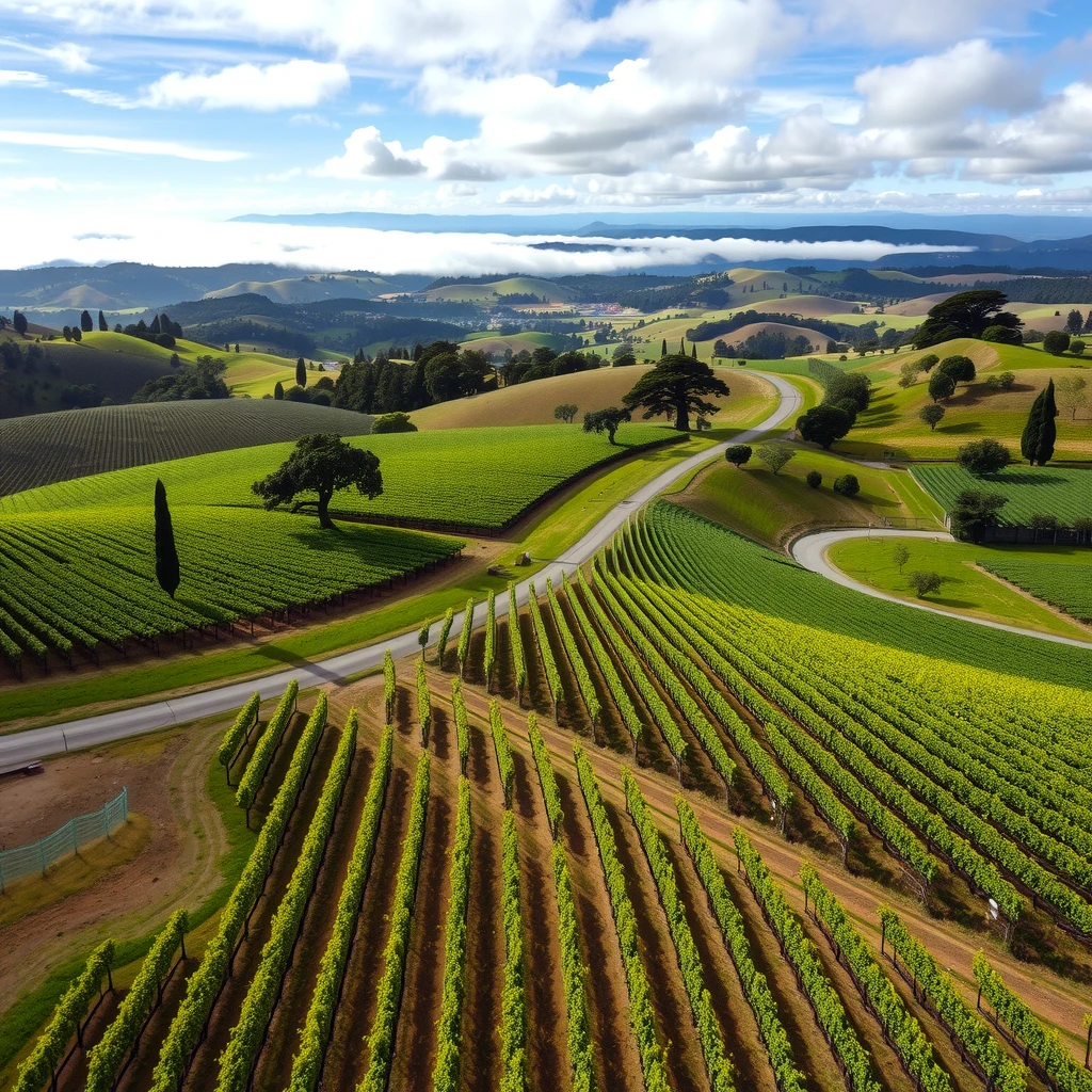 Aerial view of diverse vineyards and oak-dotted landscapes in Sonoma County