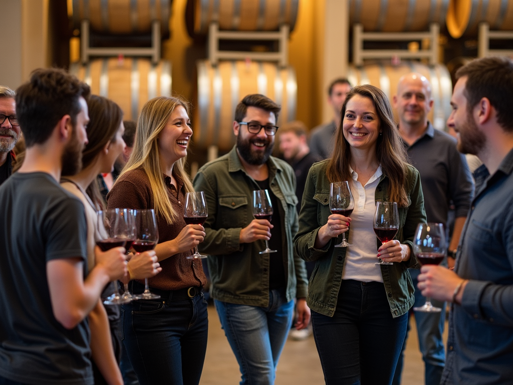 Friends enjoying wine tasting in a rustic winery room.