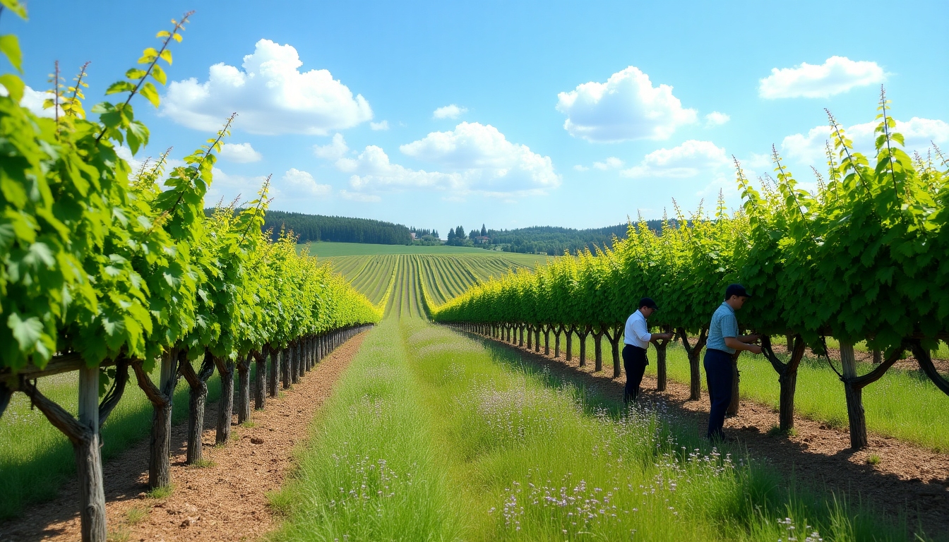 Workers in a sustainable vineyard