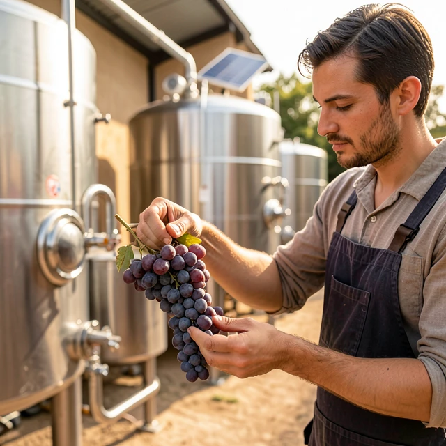 Winemaker examining grapes in an eco-friendly winery setting