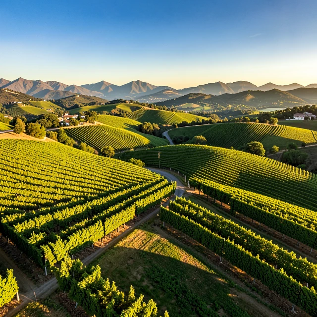 Aerial view of Napa Valley vineyards at sunset