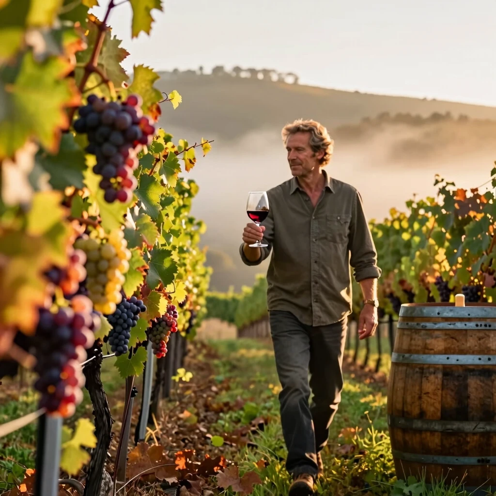 Winemaker toasting in Jackson Family Wines' organic vineyard at sunset
