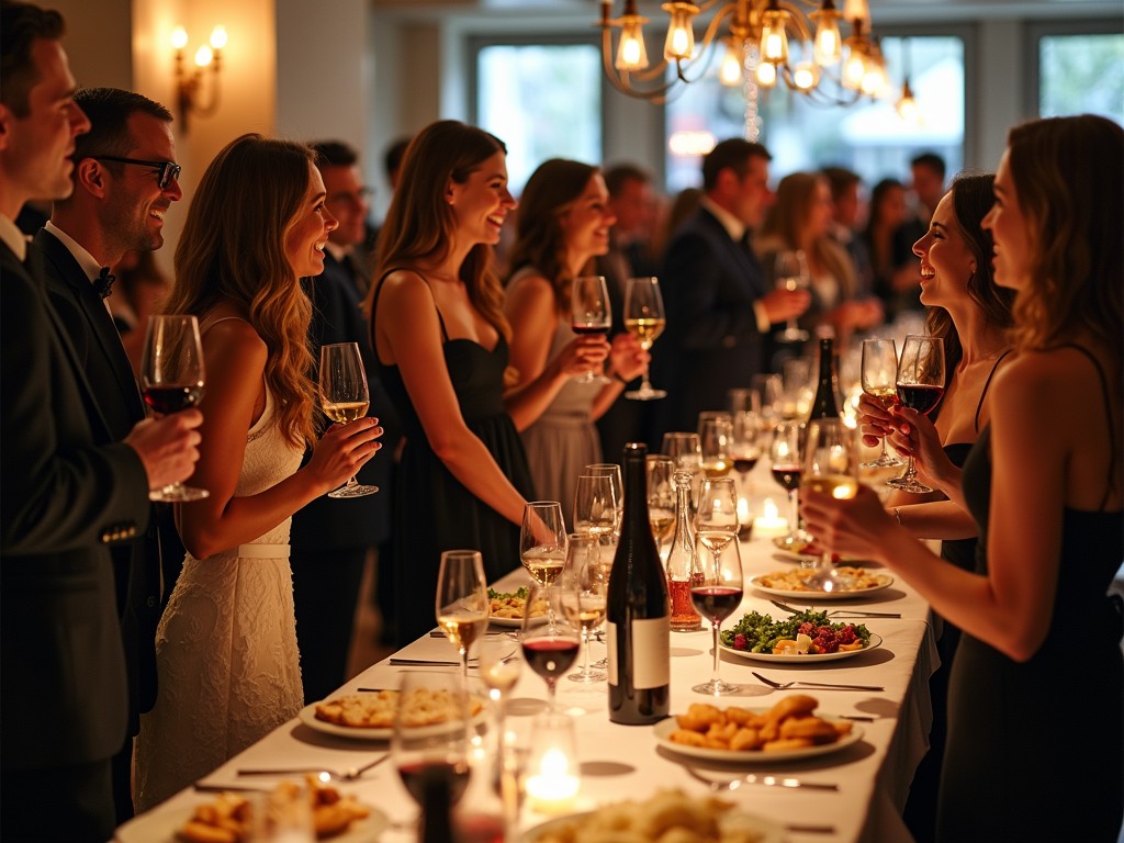 A group of people enjoying a wine tasting event, glasses in hand, immersed in the experience and surrounded by elegant decor.