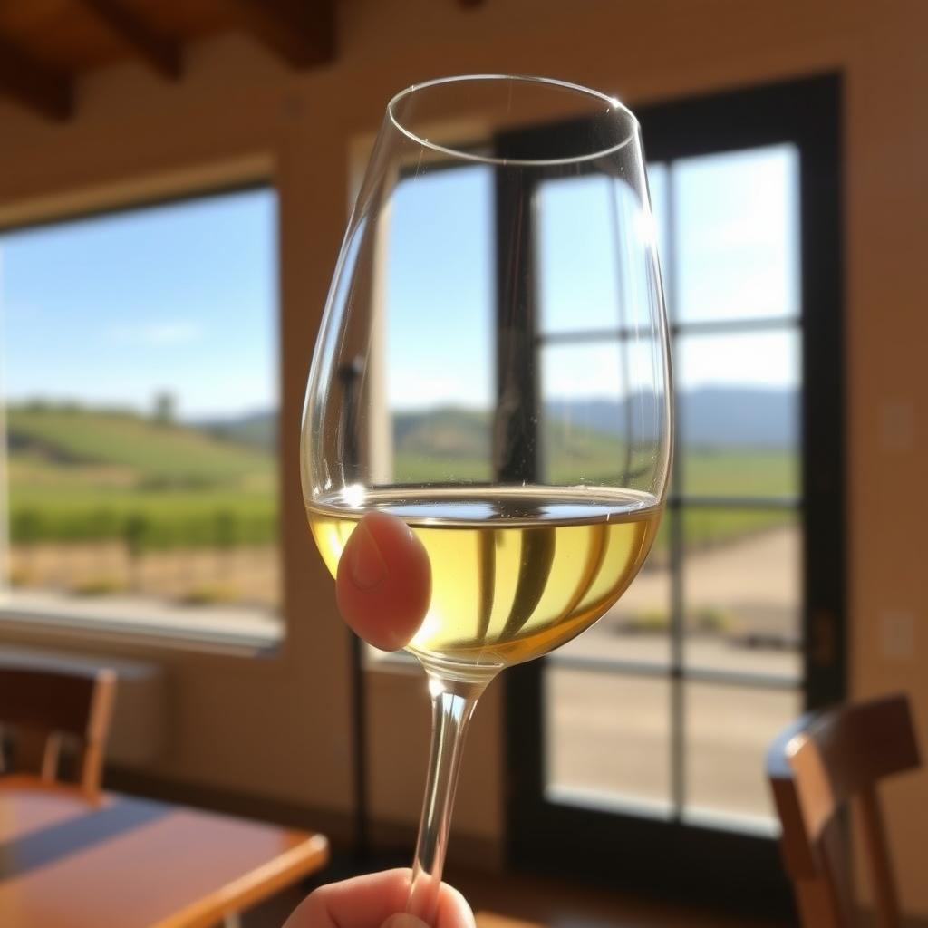 A hand swirls a glass of Chardonnay in a sunlit tasting room with vineyards visible in the background.