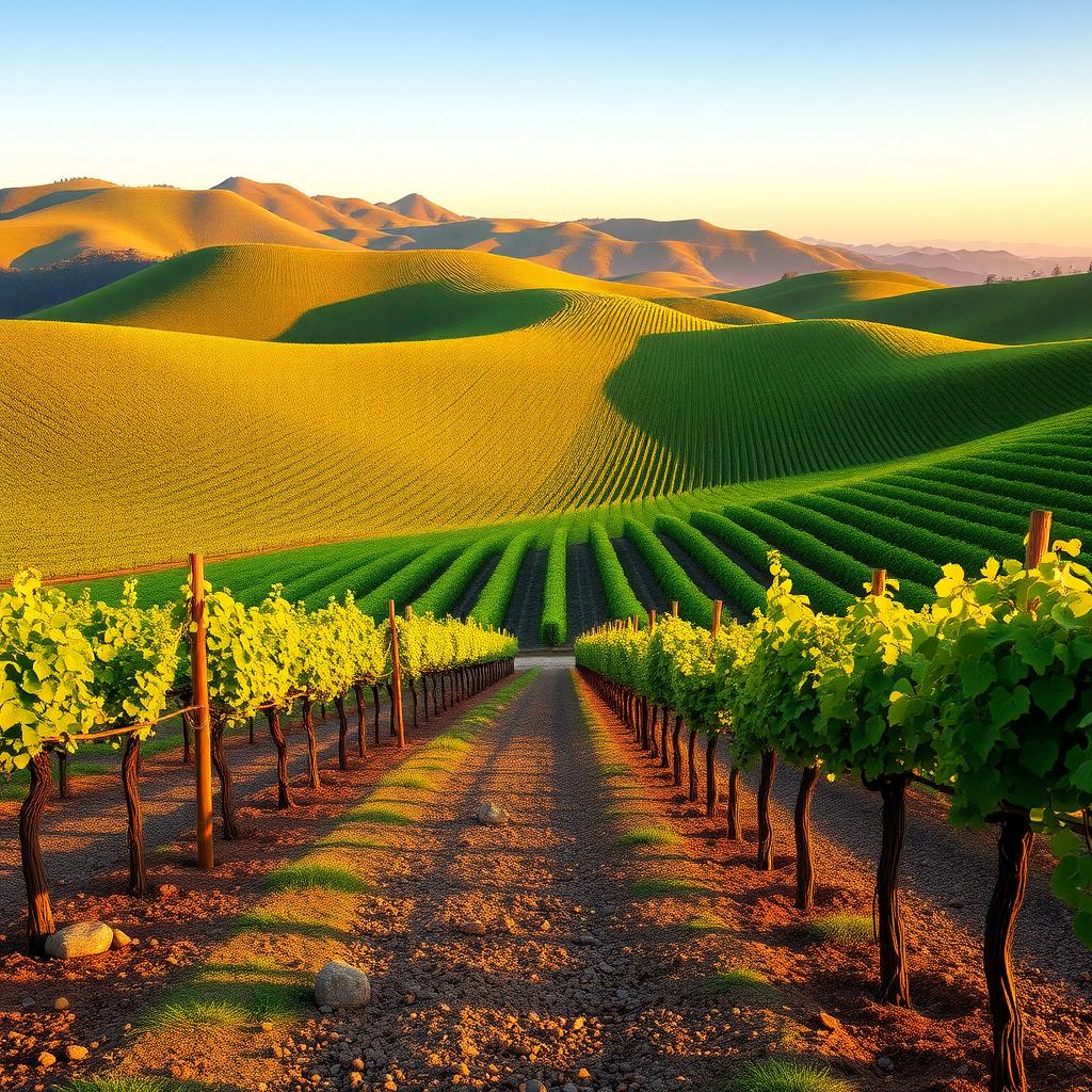Sunrise over a Napa Valley vineyard with rows of grapevines and gravelly soil