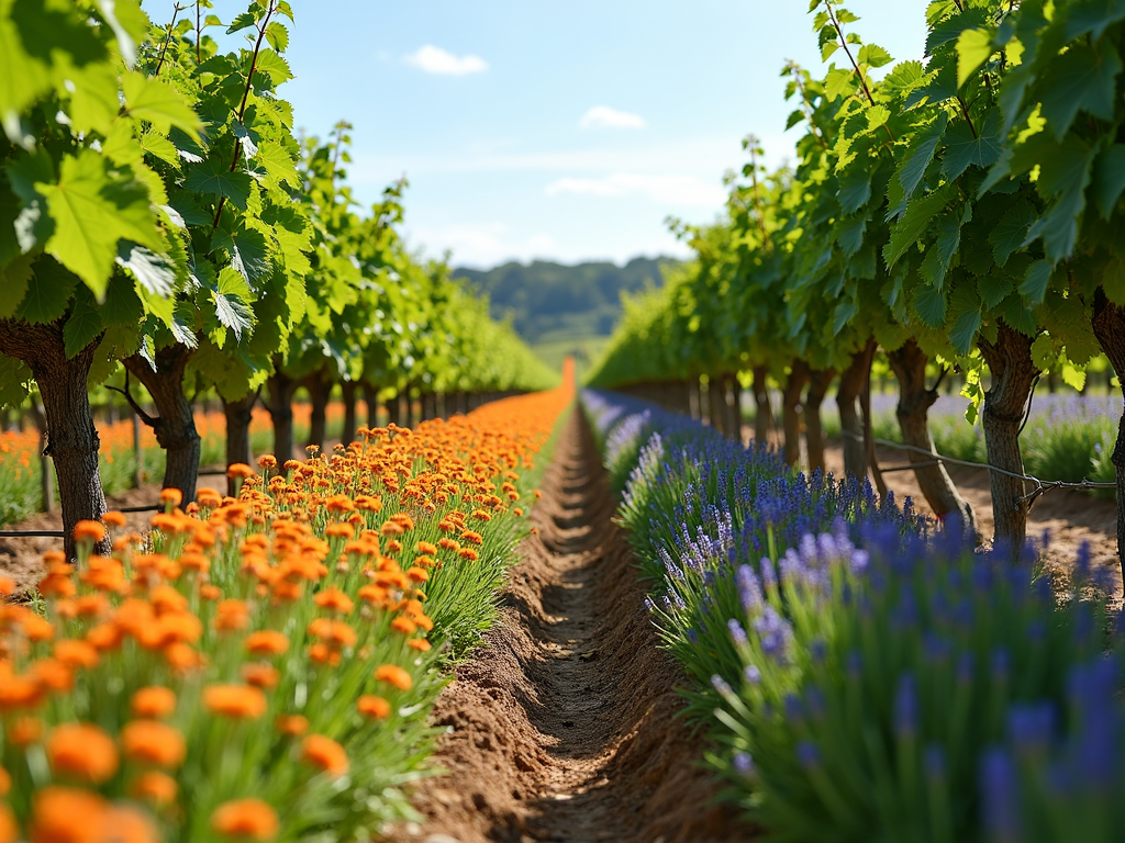 A vineyard with blooming cover crops, illustrating the biodiversity fostered by sustainable practices.