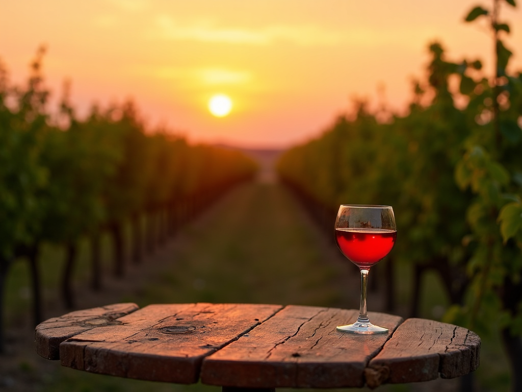 Wine glass with vineyard sunset view.