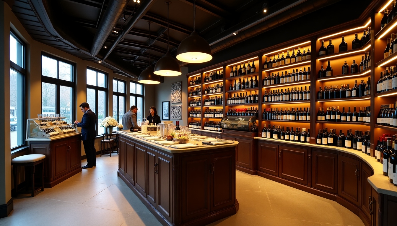 An elegant wine store interior with neatly arranged wine bottles.