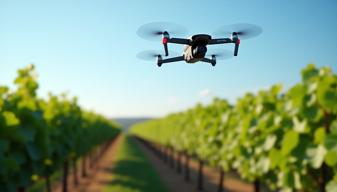 Technological advancements in vineyards like drones hovering over grapevines.