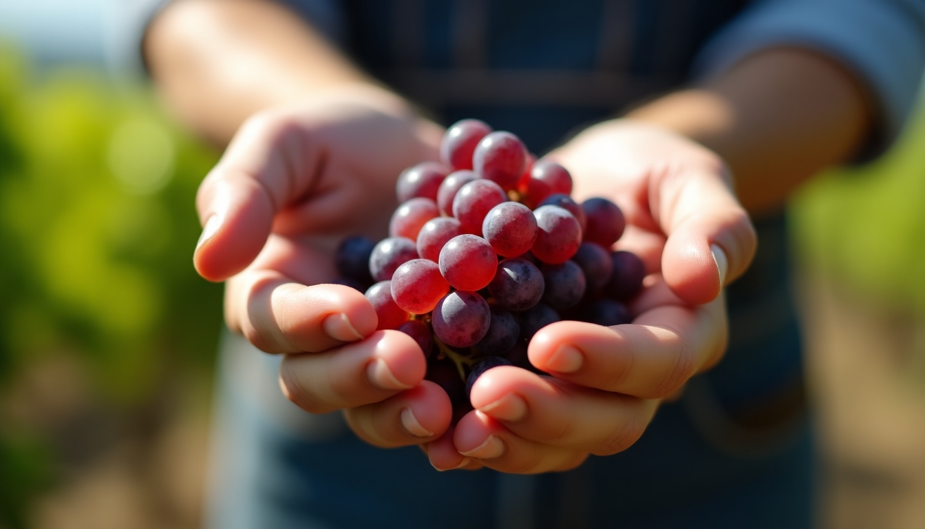 A winemaker carefully holding organic grapes, symbolizing the dedication to sustainable practices.