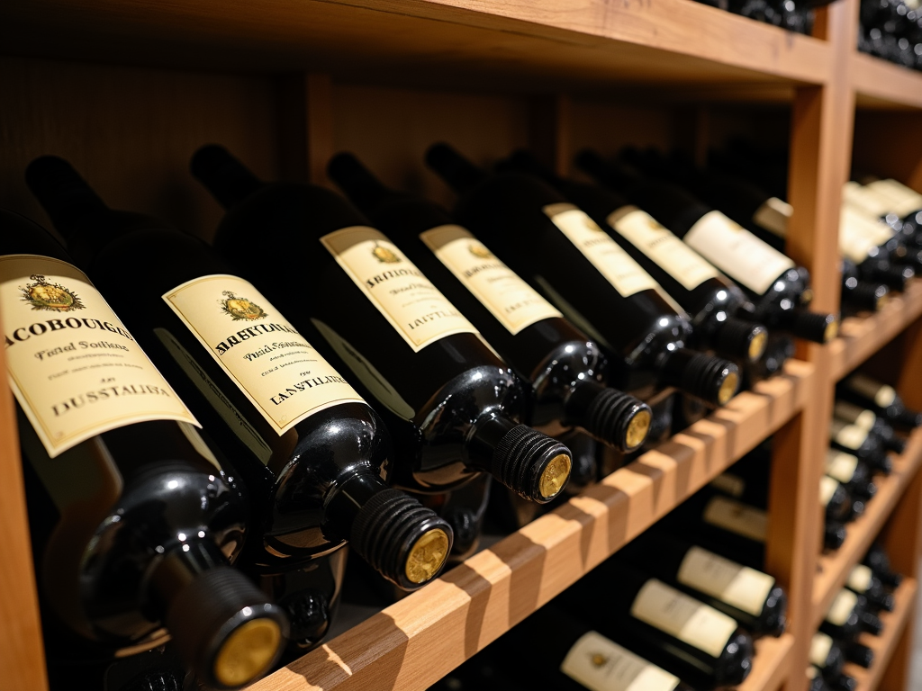 Wine bottles with stylish labels, ready to tell their story from a cellar shelf.