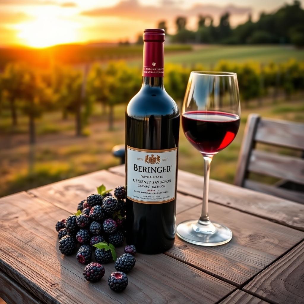 A bottle of Beringer Private Reserve Cabernet Sauvignon sits on a wooden table with blackberries and a wine glass, framed by a vineyard at sunset.