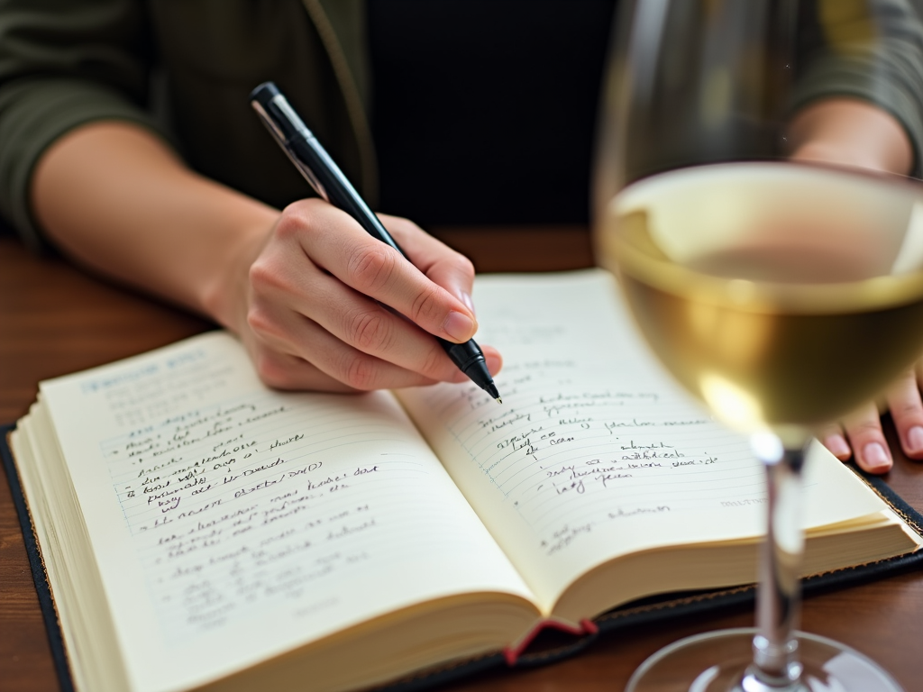 Writing tasting notes in a journal next to a glass of wine