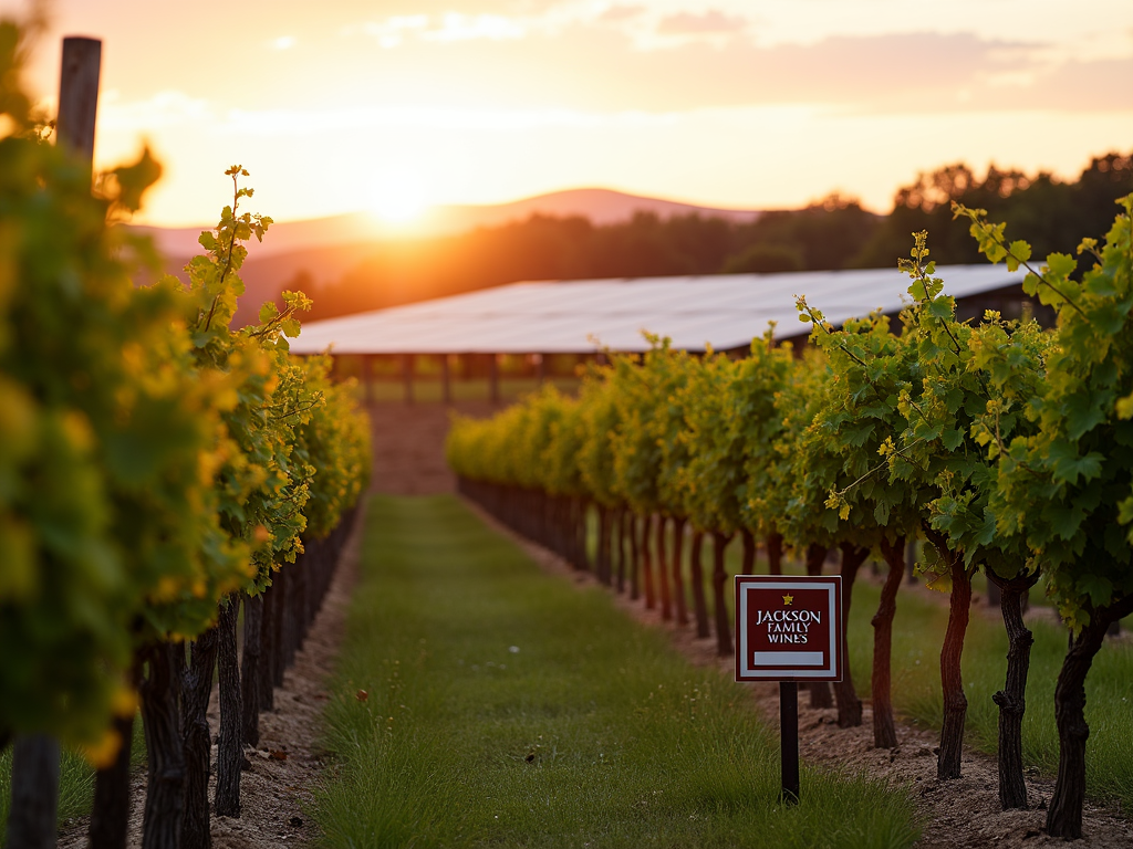 Vineyard with solar panels at sunset, highlighting sustainable winemaking.