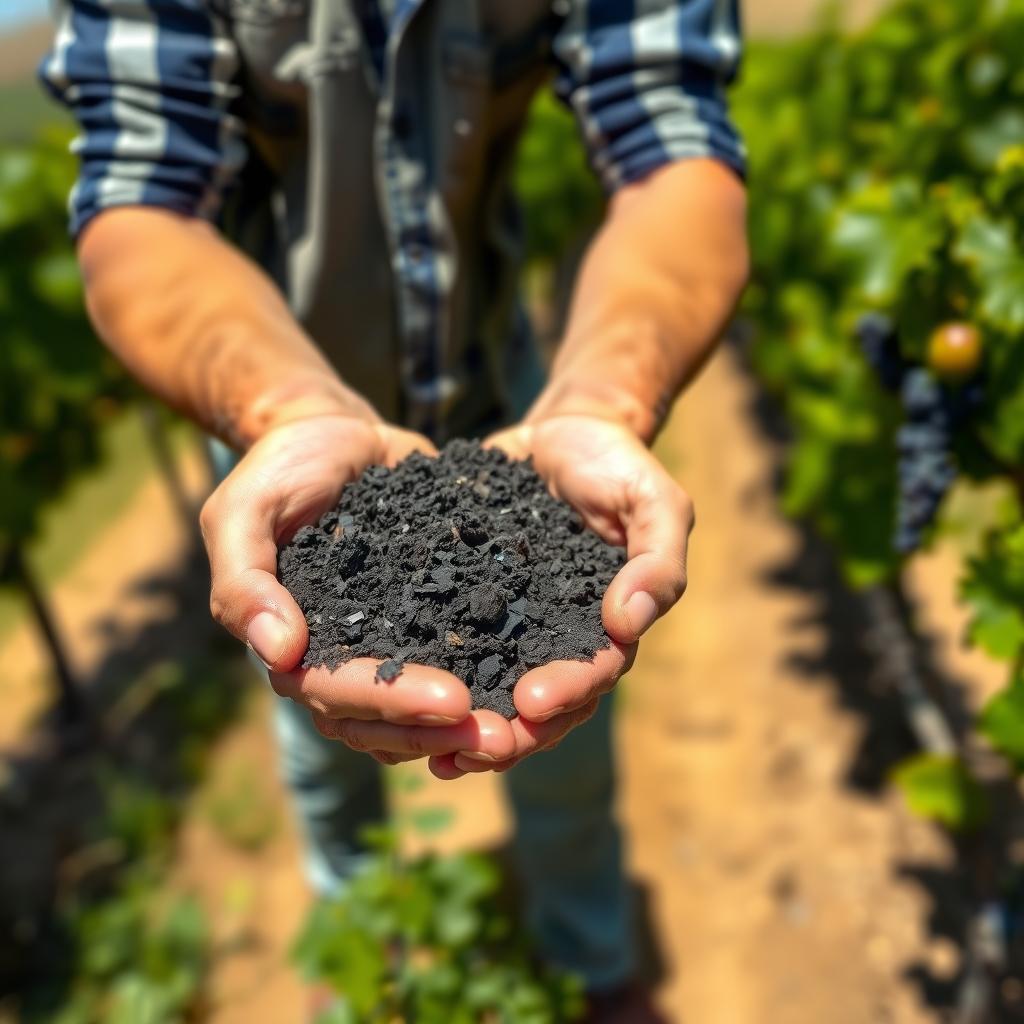 Close-up of hands holding dark volcanic soil in a vineyard with grapevines in the background