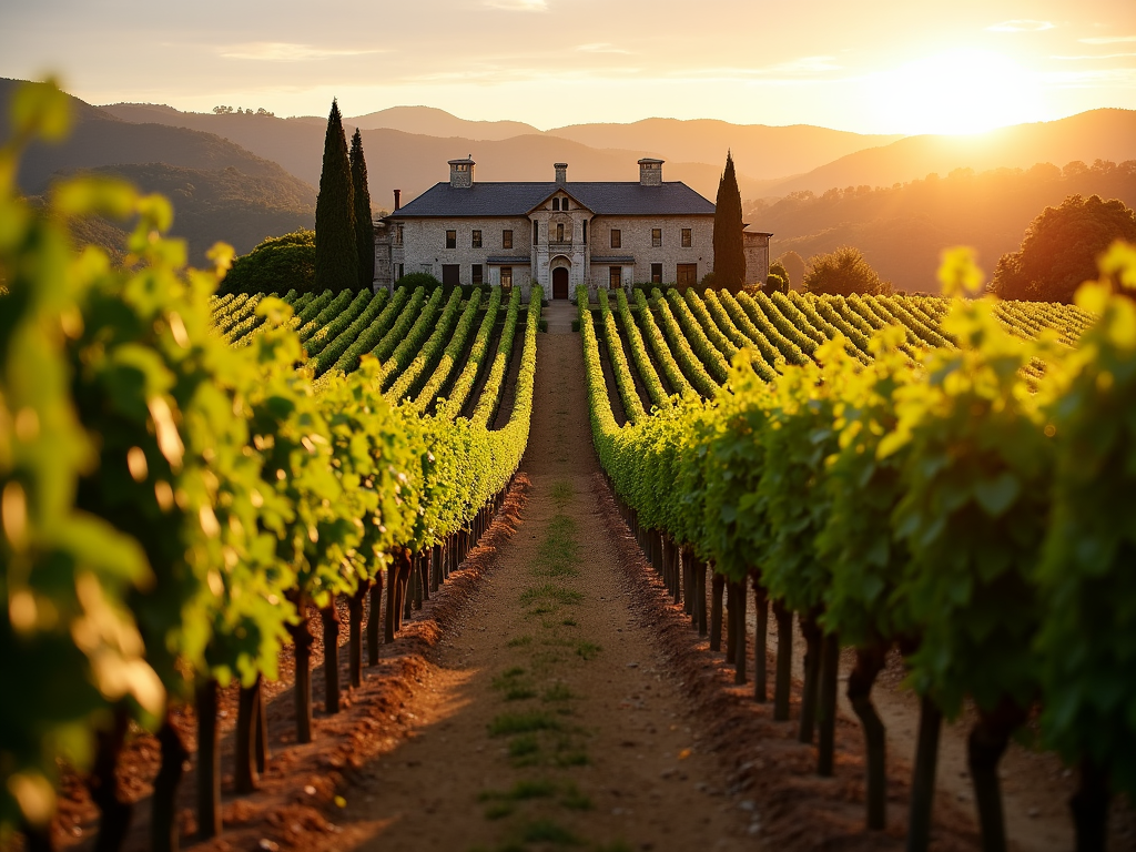 Vineyard at dusk with stone winery building