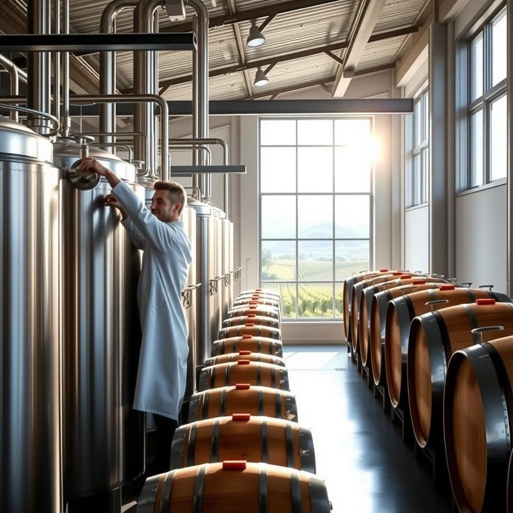 A winemaker in a modern winery adjusts fermentation tanks under natural light.