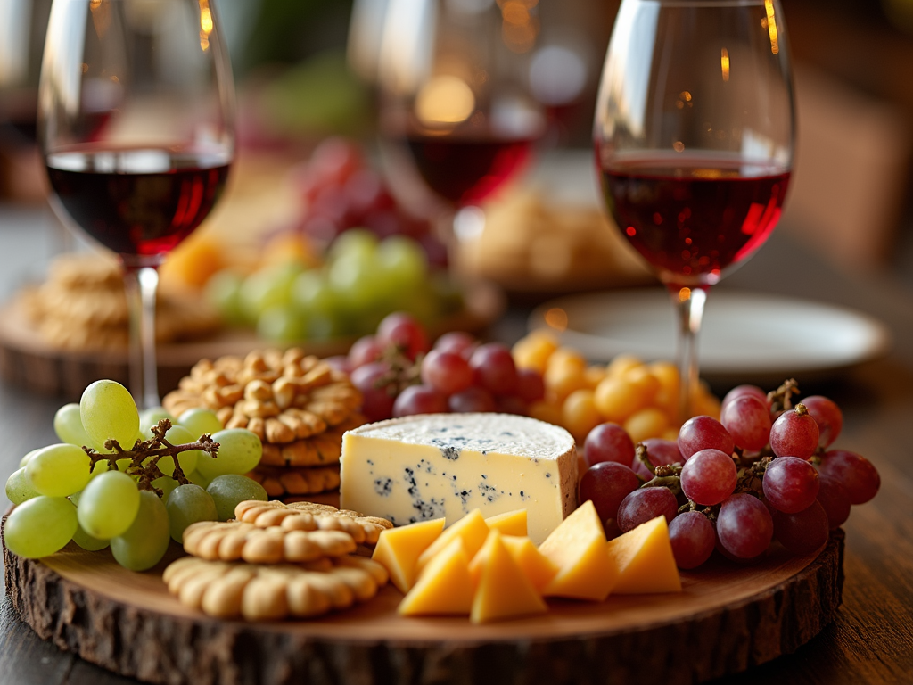 A cheese board with wine glasses at a lively dinner party.
