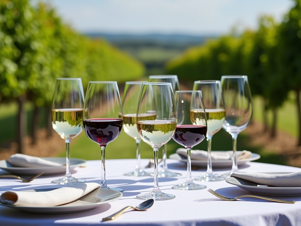 Wine tasting setup with vineyard background
