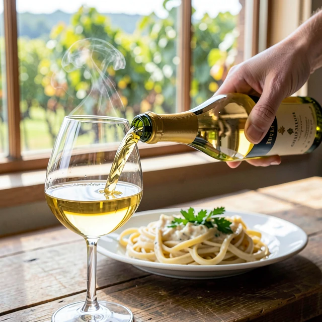 Pouring Chardonnay over a creamy pasta dish for perfect pairing
