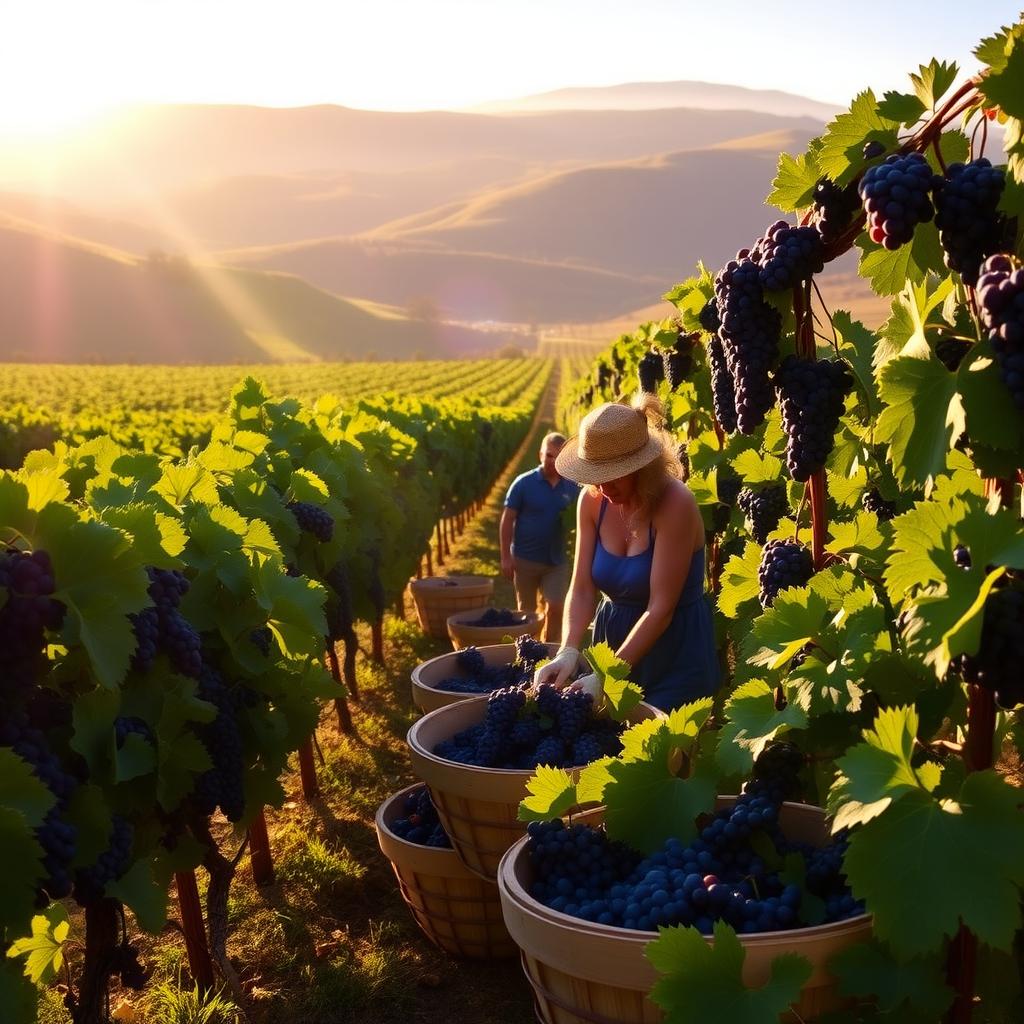 Workers hand-picking grapes in a sunlit Sonoma vineyard during harvest