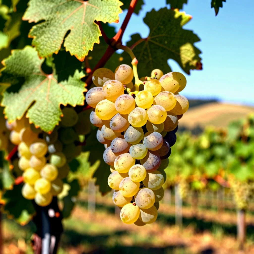 Lush Chardonnay vineyard with ripe golden grapes under a sunny sky