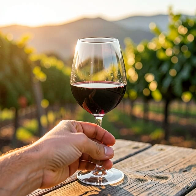 A novice taster swirling a glass of red wine in a picturesque vineyard setting
