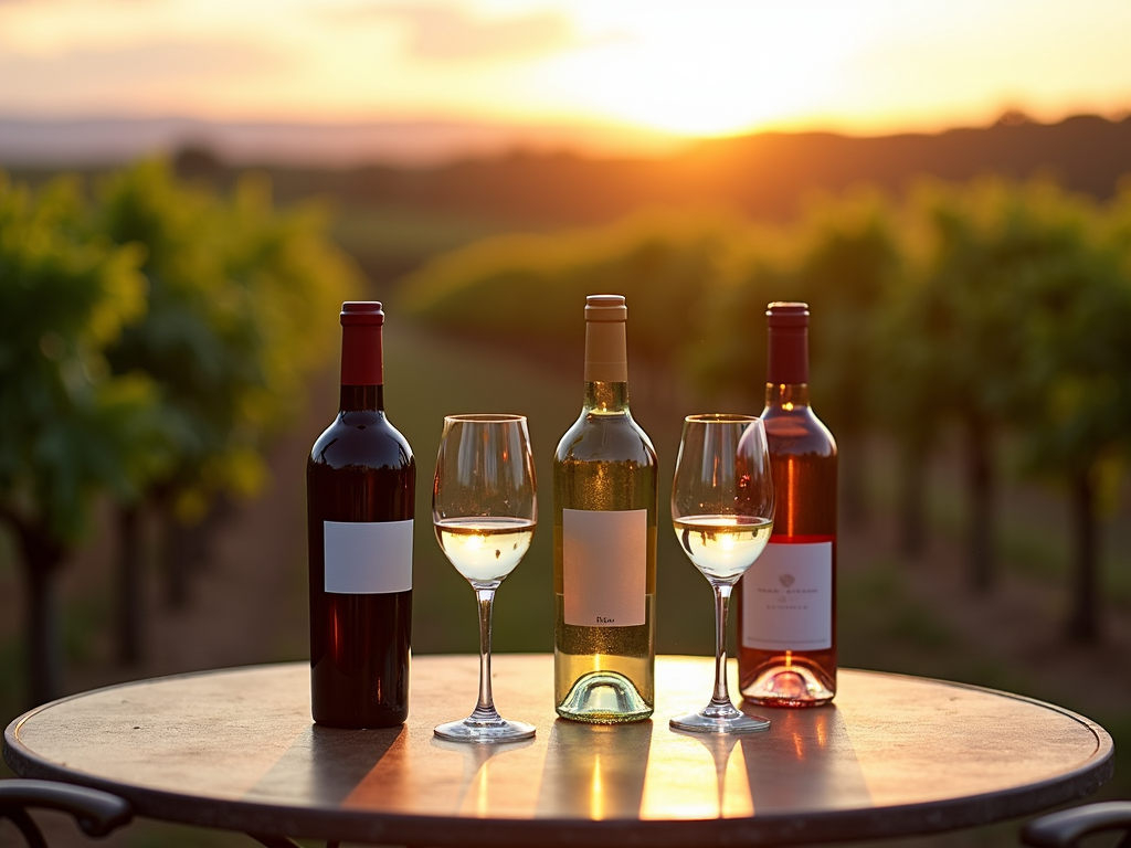 Wine tasting table with red, white, and rosé bottles.