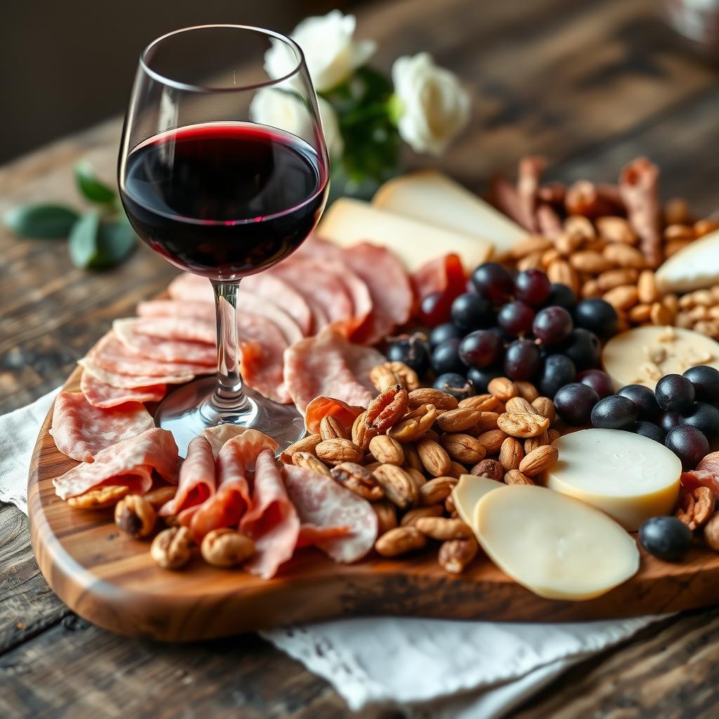 Charcuterie board with meats, cheeses, and a glass of red wine on a rustic table.