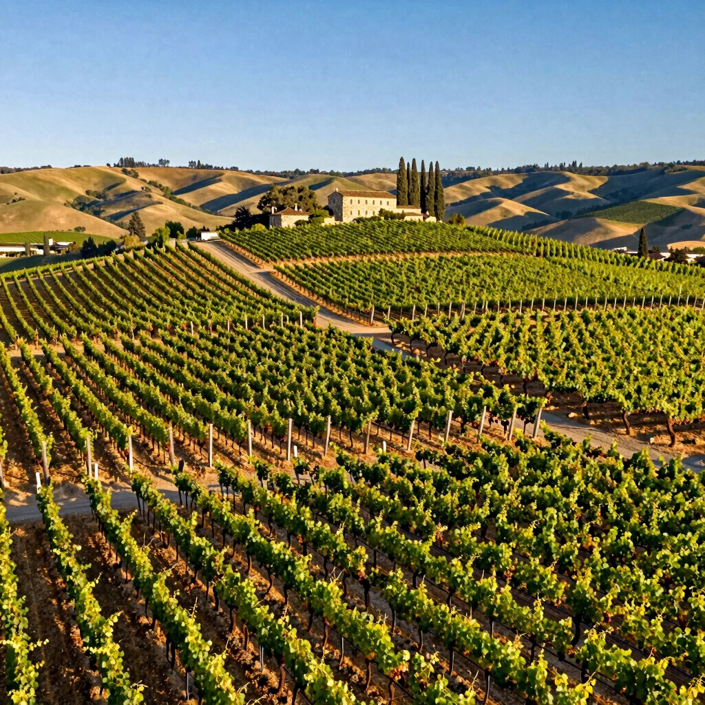 Scenic Napa Valley vineyards with historic winery buildings