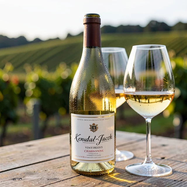 Iconic bottle of Kendall-Jackson Vintner's Reserve Chardonnay with wine glasses
