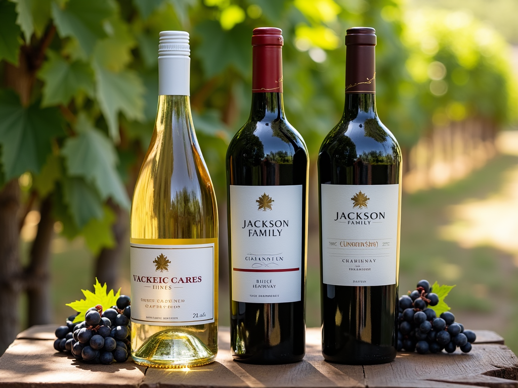Jackson Family Wines bottles on a table with grapevines around.